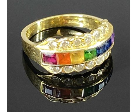 18CT YELLOW GOLD RAINBOW GEMSTONE &amp; DIAMOND HALF HOOP DRESS RING, having square faceted inline group of colourful stones 