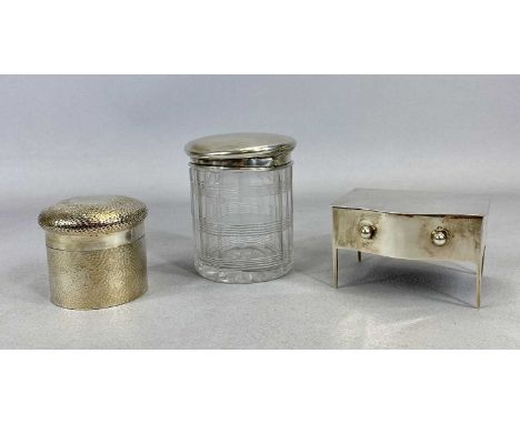 HALLMARKED SILVER DRESSING TABLE CONTAINERS x 3, to include a lidded ring box in the form of a side table, Birmingham assay m