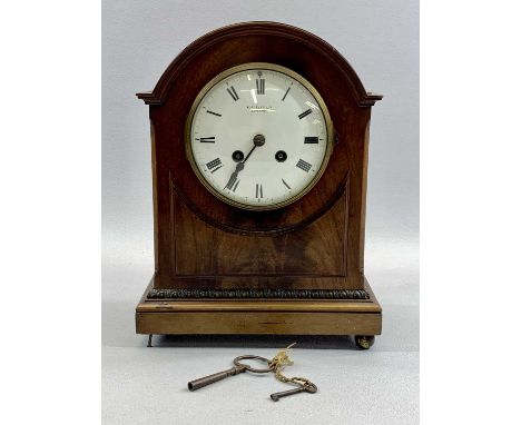 FRENCH MAHOGANY CASED DOME TOP MANTEL CLOCK, convex white enamel dial with black Roman numerals marked Russell's Ltd, Liverpo