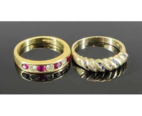 18CT &amp; 9CT GOLD DRESS RINGS x 2, the 18ct example having an inline setting of 3 x diamonds and 4 x rubies, the diamonds e