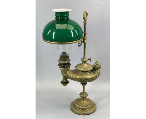 WILD &amp; WERREL MODEL 1373 HARVARD-TYPE STUDENT'S LAMP, cast brass with ornate font supported by a central shaft and weight