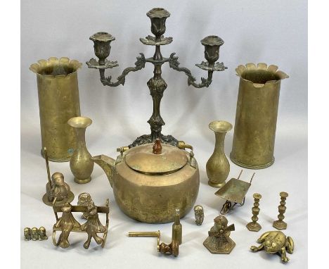TRENCH ART BRASS SHELL CASING VASES, A PAIR, 21.5cms H, cast metal Rococo form candelabra, 35cms H, circular brass kettle and