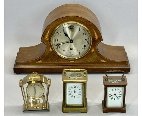 ART NOUVEAU INLAID MAHOGANY DOMED TOP MANTEL CLOCK, circular silvered dial with Arabic numerals, chiming 8-day movement, sign