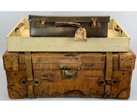 FINNIGANS BROWN LEATHER TRUNK, the interior with lift out tray with maker's label 'Finnigans Ltd, Makers New Bond Street, Lon