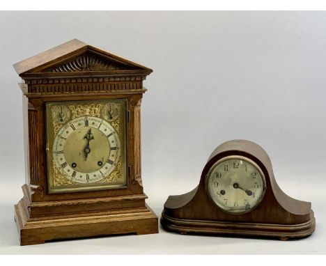 GERMAN OAK CASED MANTEL CLOCK, late 19th / early 20th Century, of architectural form, the gilded dial with subsidiary chime /