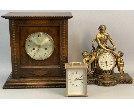 EDWARDIAN OAK MANTEL CLOCK, the case with bead decoration, silvered dial with black Arabic numerals, replaced movement, 34cms
