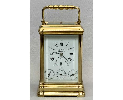 L'EPEE FRENCH GILDED BRASS CARRIAGE CLOCK, the white enamel dial signed and with subsidiary day, date and month dials, 8-day 