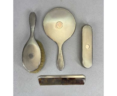 FOUR-PIECE SILVER DRESSING TABLE, HAND MIRROR, BRUSHES &amp; COMB SET, London 1947/48, William Comyns &amp; Sons Ltd, all ite