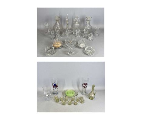 GLASS MALLET SHAPED DECANTERS, A PAIR, engraved with grapes and vine leaves, with stoppers, 22cms H, a square cut glass decan