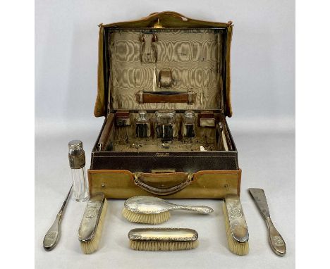 HARRODS LTD LEATHER VANITY TRAVEL CASE WITH MIXED HALLMARK SILVER CONTENTS, including 4 x glass bottles / jars with silver li