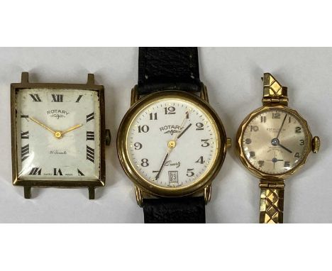 ROTARY 9CT GOLD CASED &amp; OTHER WRISTWATCHES x 3, to include a Rotary 9ct gold rectangular cased wristwatch with no strap, 
