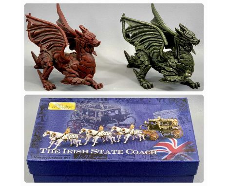 W BRITAIN THE IRISH STATE COACH SCALE MODEL, boxed, Robert Harrop Designs Ltd two Edge sculptures 'E D 03 Dragon Red' and 'E 