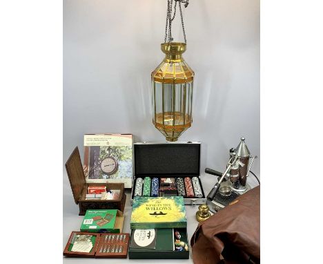 SET OF POKER CHIPS, CARDS, DICE &amp; ACCESSORIES IN ALUMINIUM CASE, boxed double sided York station clock and thermometer, b