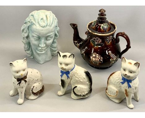 LARGE BARGEWARE TEAPOT WITH APPLIED DECORATION, the lid with finial, 32cms H, 3 x Staffordshire pottery cats with ribbon coll