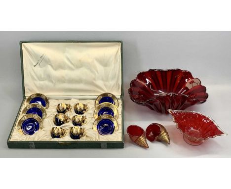 VENETIAN BLUE GLASS TWELVE-PIECE TEA SERVICE, with gilded and floral enamelled decoration, in box, Venetian red and gold glas