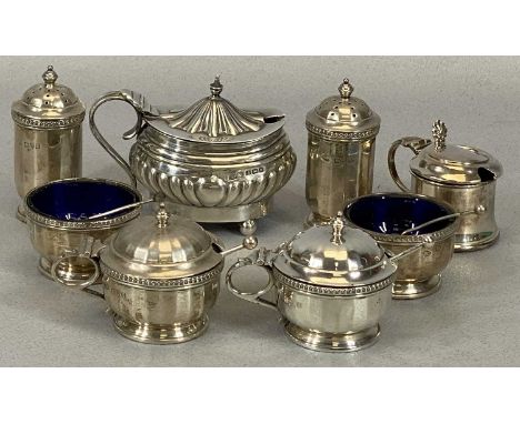SIX-PIECE CHESTER SILVER CONDIMENT SET &amp; TWO OTHER BIRMINGHAM HALLMARKED MUSTARD POTS, the set includes 2 x pepper pots, 