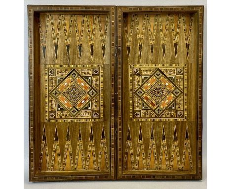 EASTERN PARQUETRY INLAID FOLDING BACKGAMMON BOARD &amp; CHESS BOARD, possibly Syrian, 48.5cms square (open)