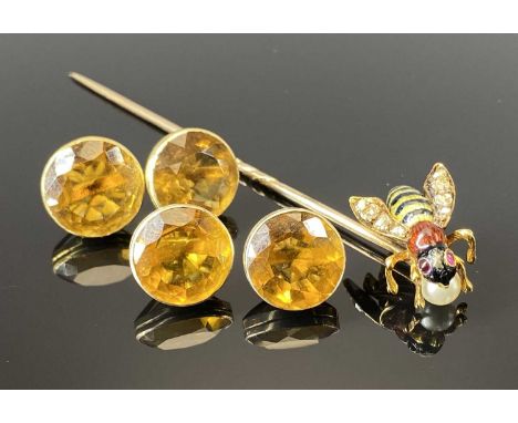 DIAMOND MOUNTED &amp; ENAMEL BEE STICK PIN AND PAIR OF BELIEVED GOLDEN BROWN CITRINE CUFFLINKS, all items unmarked and untest