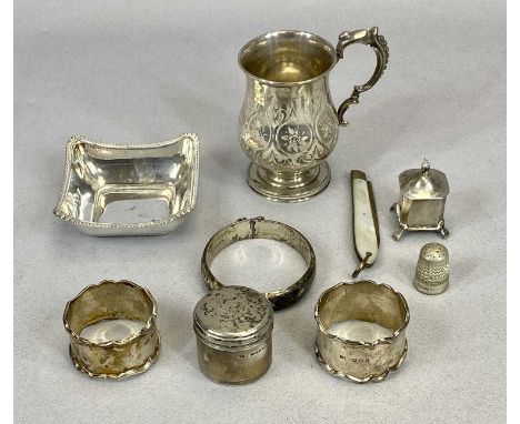 SMALL SILVER &amp; WHITE METAL ITEMS 7 and 2 respectively, to include a Victorian christening tankard, Birmingham 1864, Henry