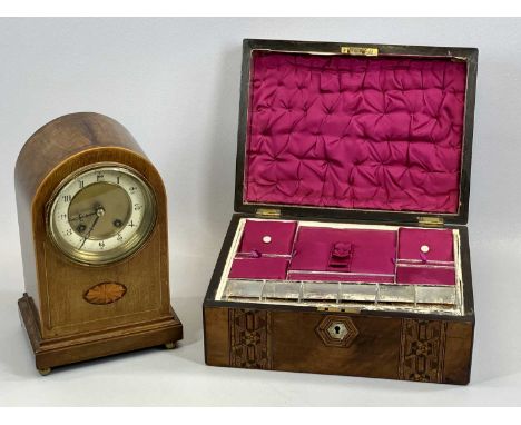 EDWARDIAN INLAID MAHOGANY DOME TOP MANTEL CLOCK, with Arabic numerals, 8-day movement striking on a gong, on gilded ball feet