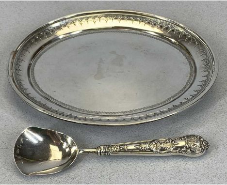 GEORGE III SILVER &amp; MAHOGANY WAITER (CALLING CARD TRAY), LONDON 1802, WILLIAM BENNETT, oval format with two inner decorat