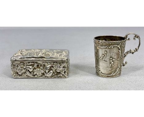 VICTORIAN &amp; LATER EMBOSSED SILVER TRINKETS x 2, comprising small scroll handled tankard, London 1889, maker possibly Stua