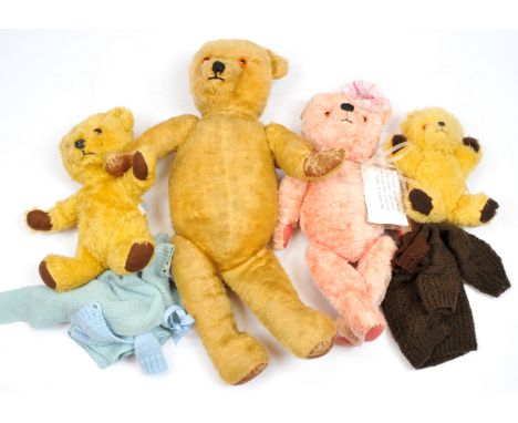 Vintage teddy bears x four: (1) "Wonder of Woolies" pink artificial silk teddy bear, similar to those sold in Woolworths, dur