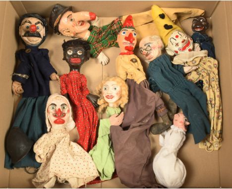 Punch and Judy puppets, set of vintage /antique composition, including: Punch, Judy, baby, policeman, jester and monkey, etc;