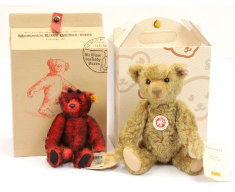Steiff pair of teddy bears: (1) Steiff Little Devil, yellow tag 028595, mohair, with swing label, generic box, 7"/18cm; (2) S