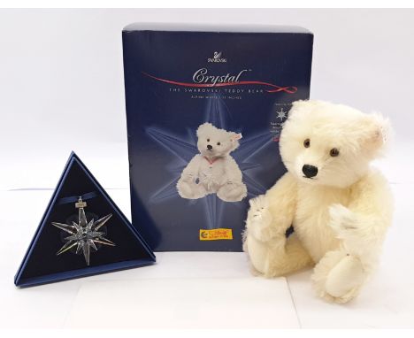 Steiff Swarovski Crystal Teddy Bear, white tag 668401, LE 2005, white mohair, wearing Swarovski Xilion Stone as her button in