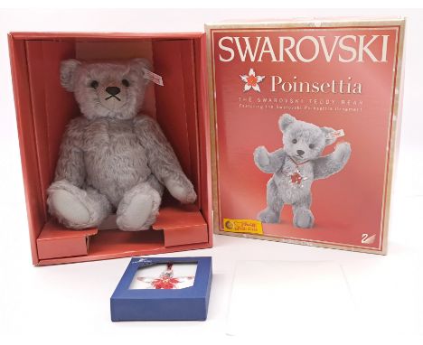 Steiff Swarovski Crystal Poinsettia club edition 2007. White tag 681103, silver grey, mohair, fully jointed teddy bear, certi