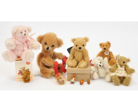 Collection of miniature teddy bears, some artist designed, including: (1) Minnie Maria The Three Bears pewter set, tallest 1.