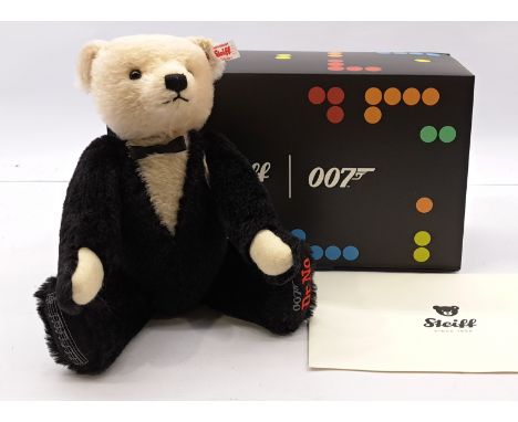 Steiff James Bond teddy bear, white tag 007613, LE 3000, mohair, internal music box plays Bond theme, swing label, certificat