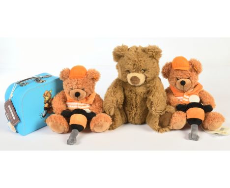 Steiff three teddy bears: (1) &amp; (2) Steiff Fynn &amp; Lotte teddy bear Master Builder with plush pneumatic drill, yellow 