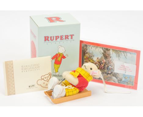 Steiff Rupert Ornament, white tag 653537, 2008, LE 12/1500, white mohair Rupert the Bear miniature teddy bear seated on woode