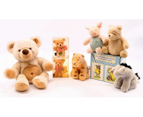 Steiff, Hermann and others including: (1) Steiff plush bear, yellow tag 124495, 13"/3cm; (2) Hermann-Spielwaren December pin 