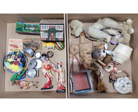 Tinplate novelties plus others including: Lemann Rollmops; Chad Valley tambourine; plush toys; wooden donkey and cart; plus o