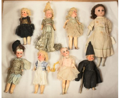Bisque vintage dolls x eight, includes: painted bisque doll, dressed as a witch; painted bisque dolls, dressed as fairies; pl