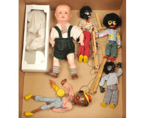 Pelham Puppets Golly marionettes x four plus a vintage composition doll: Pelham Puppets Golly Minstrel and three Golly marion