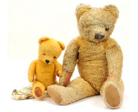 British vintage golden mohair teddy bears pair: (1) Chad Valley teddy bear, amber and black glass eye (one is missing), black