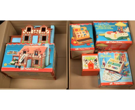 Fisher-Price collection of vintage toys, including: Jack in the Box; Cash Register; Play Desk; Change-a-Tune Carousel; Play F