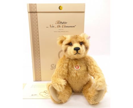 Steiff New Mr Cinnamon teddy bear, white tag 038846, LE 3000, blonde mohair bear with brown airbrushed features, chest tag, c