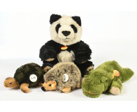 Steiff four bears / animals: (1) Manschli panda bear, yellow tag 064258, plush, swing label, 10"/25cm; (2) Linda crocodile, y
