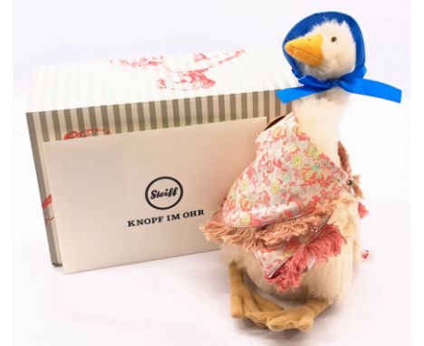 Steiff Jemima Puddle-Duck, white tag 690358, LE 5000, with pin badge, mohair, swing label, certificate, within Excellent Box;