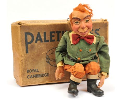 Vintage Leprechaun puppet, composition, hand painted features, wooden jointed body, cotton jacket and trousers; within vintag