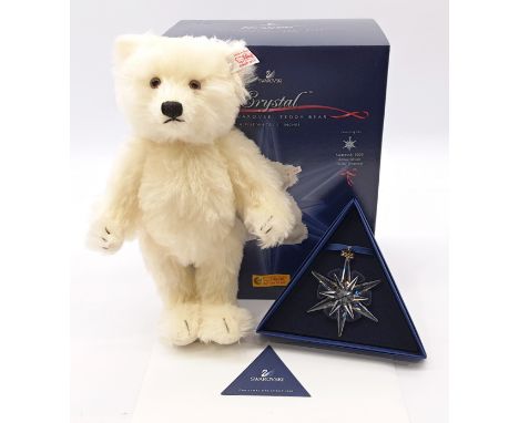 Steiff Swarovski Crystal Teddy Bear, white tag 668401, LE 2005, white mohair, wearing Swarovski Xilion Stone as her button in