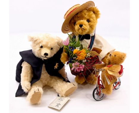 Bing and Teddy Hermann teddy bear trio including: (1) Bing Leua bear, LE, mohair, swing label, Swarovski crystal brooch, coat