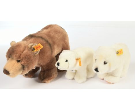 Steiff three standing bears: (1) Barli, yellow tag 069420, plush, swing label, 11"/28cm; (2) polar bear, yellow tag 5405/17, 