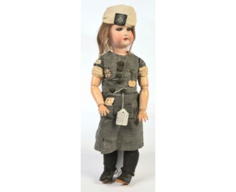 Ernst Heubach bisque doll, German, 1914, impressed 250 4/0 a, weighted blue eyes (both eyes have glue residue to where lashes