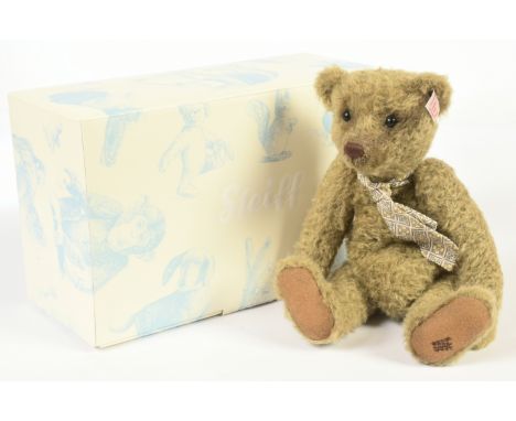 Steiff Tramp teddy bear, white tag 034367, LE 1500, 2014, antique olive green mohair/cotton, wearing a cotton print tie, made